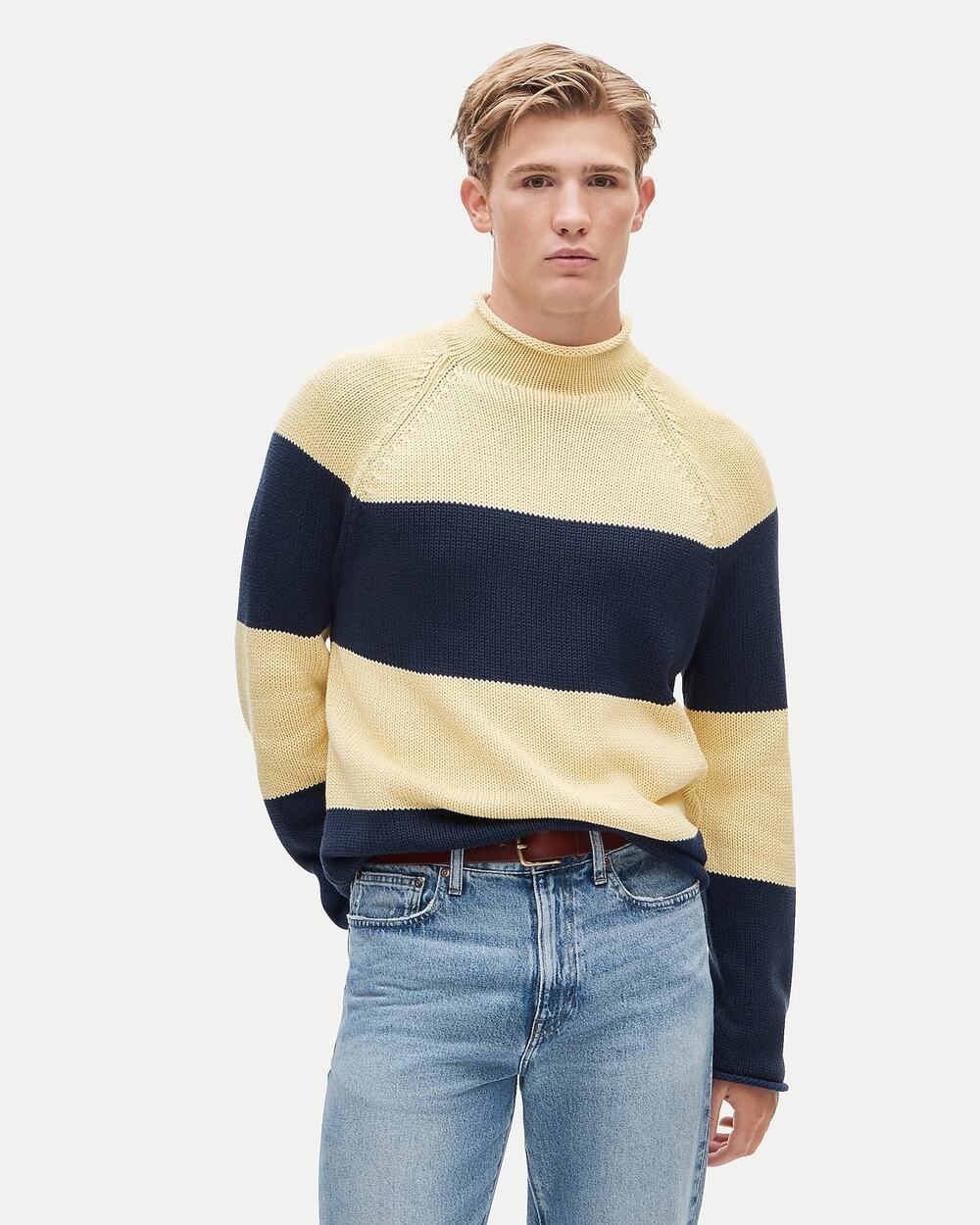 J. Crew Men's 1988 Roll-Neck Sweater in Rugby Light Sun Navy Stripe Size M NWT